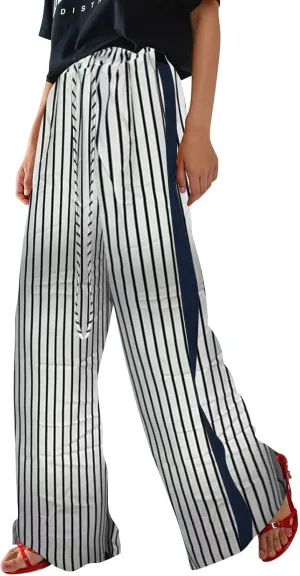 Leopard Print Pants for Women 2025 Drawstring High Waisted Color Block Side Striped Straight Leg Wide Leg Loose Pant