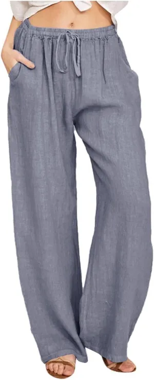 Linen Pants Women Lightweight Summer Drawstring Elastic Waist Beach Trousers Loose Fit Lounge Slacks