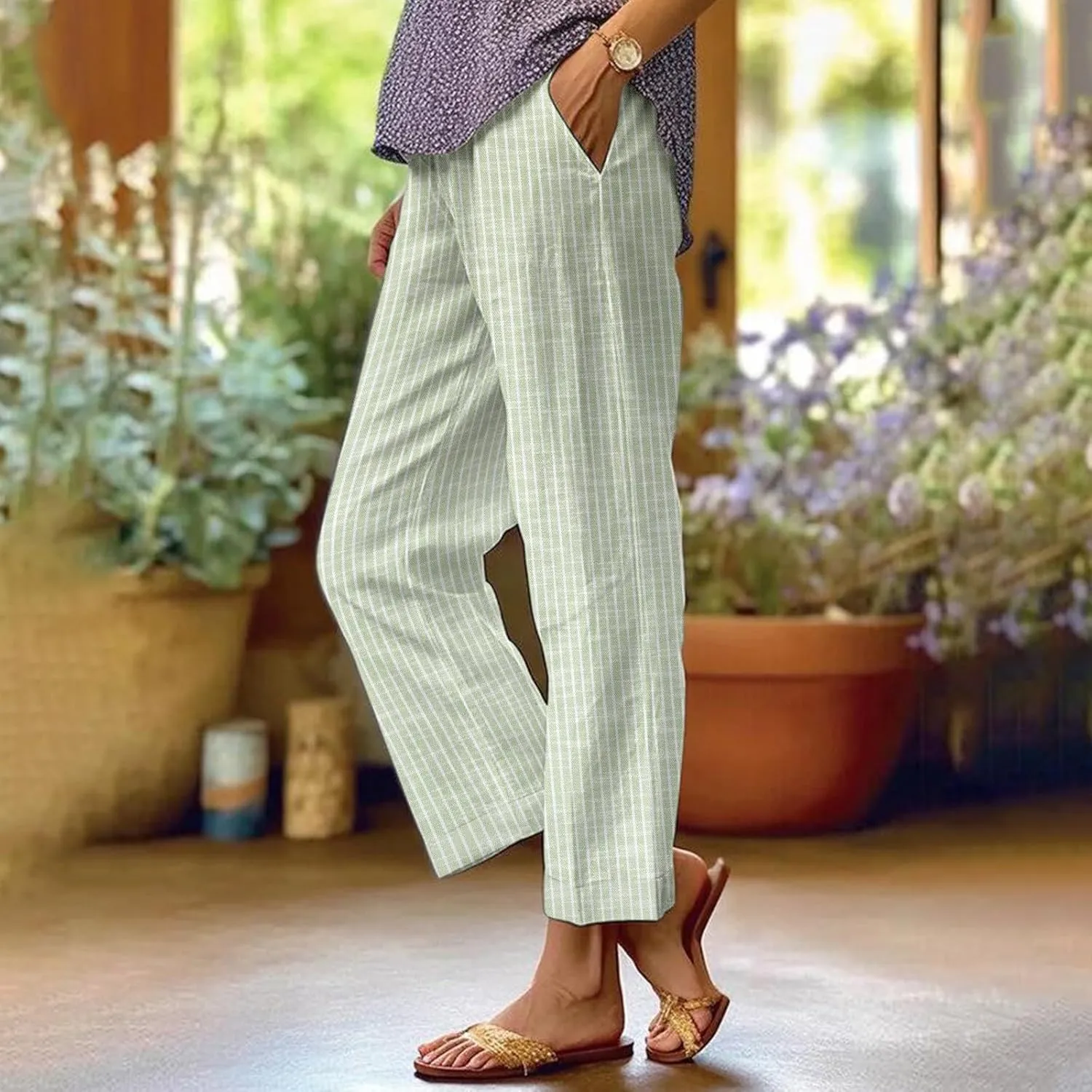 Linen Pants Women Striped Linen Pants Summer 2025 Womens Clothes for Beach Vacation Linen Straight Leg Palazzo Trousers