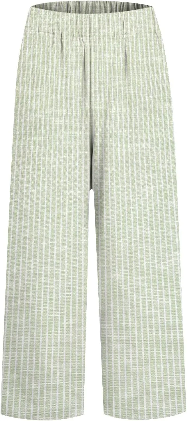 Linen Pants Women Striped Linen Pants Summer 2025 Womens Clothes for Beach Vacation Linen Straight Leg Palazzo Trousers