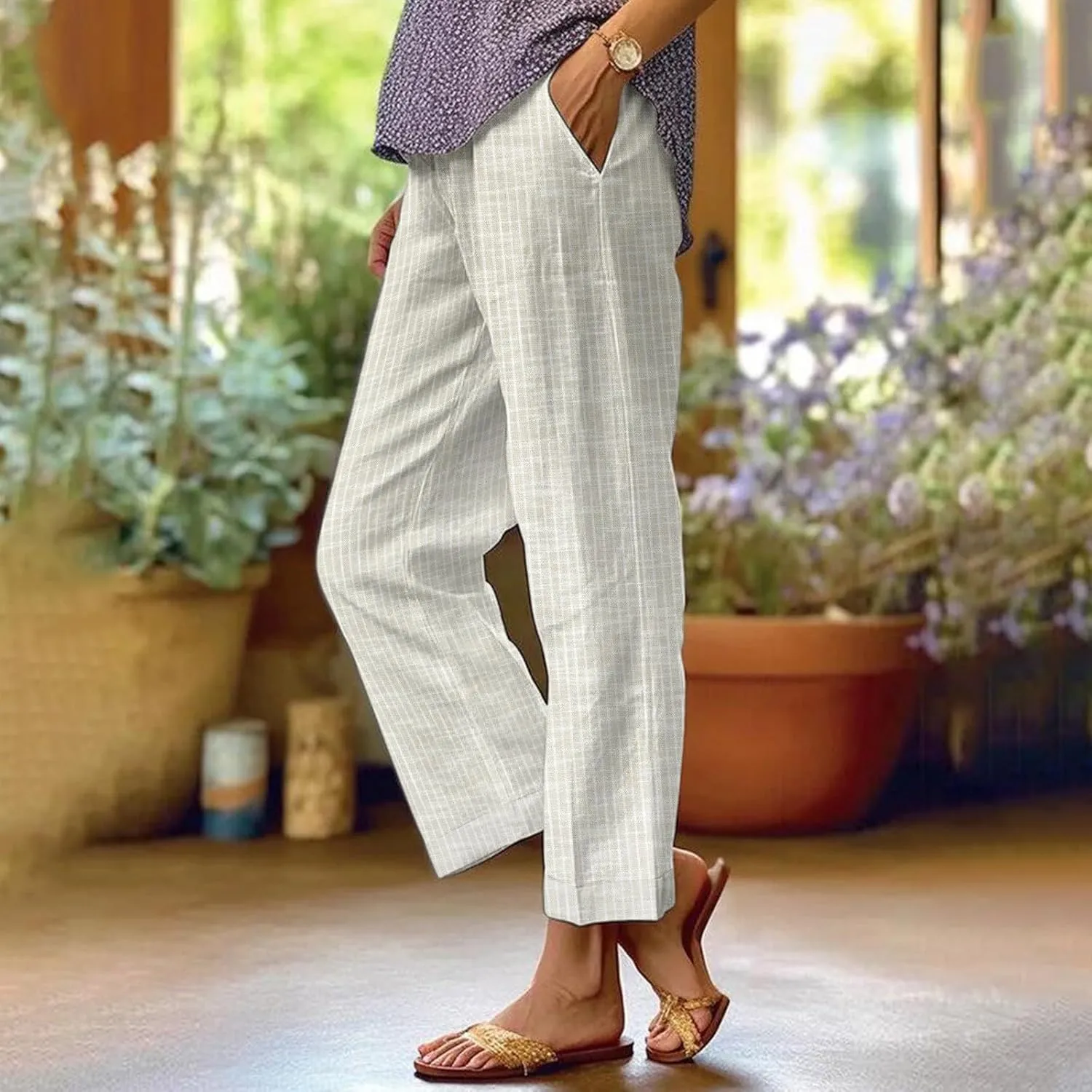 Linen Pants Women Striped Linen Pants Summer 2025 Womens Clothes for Beach Vacation Linen Straight Leg Palazzo Trousers