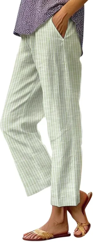 Linen Pants Women Striped Linen Pants Summer 2025 Womens Clothes for Beach Vacation Linen Straight Leg Palazzo Trousers