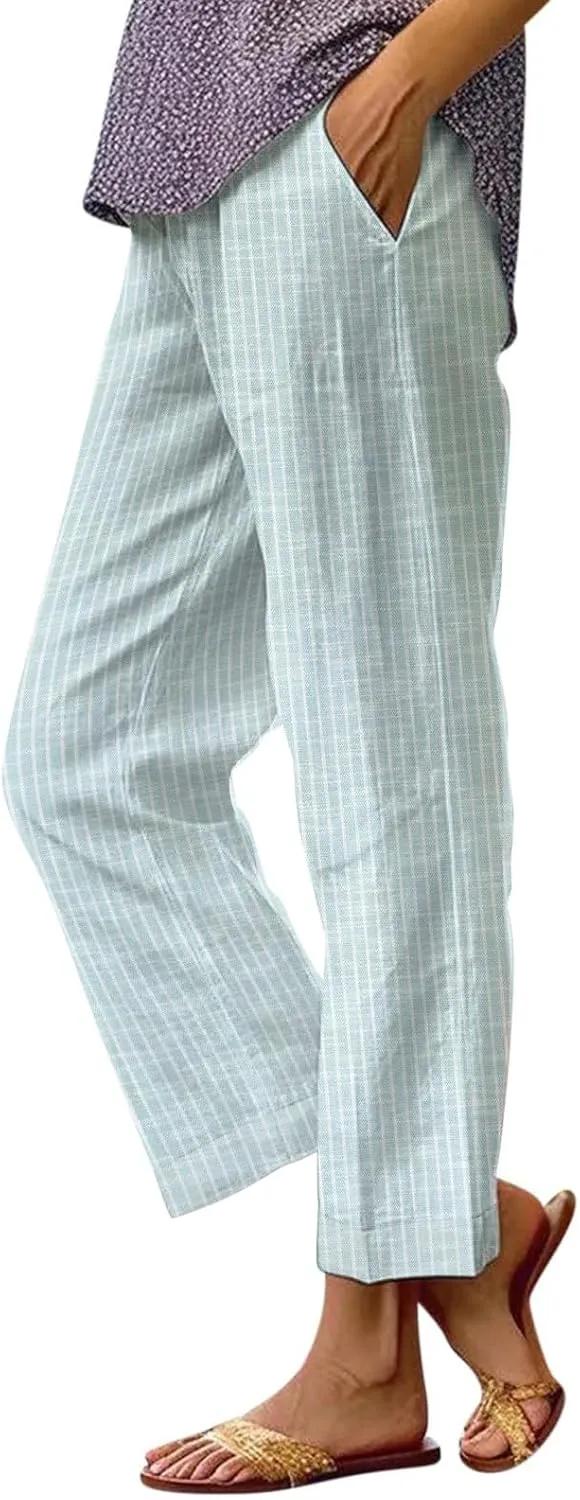 Linen Pants Women Striped Linen Pants Summer 2025 Womens Clothes for Beach Vacation Linen Straight Leg Palazzo Trousers