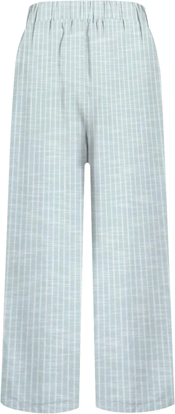 Linen Pants Women Striped Linen Pants Summer 2025 Womens Clothes for Beach Vacation Linen Straight Leg Palazzo Trousers