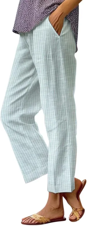 Linen Pants Women Striped Linen Pants Summer 2025 Womens Clothes for Beach Vacation Linen Straight Leg Palazzo Trousers