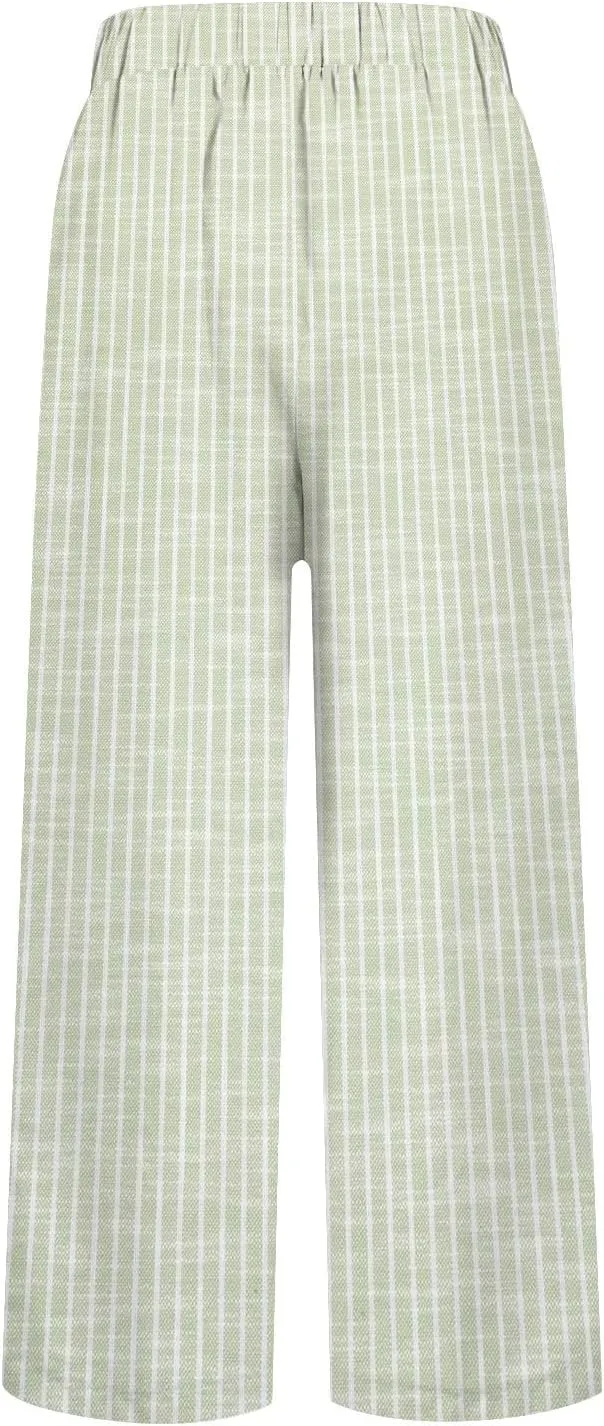 Linen Pants Women Striped Linen Pants Summer 2025 Womens Clothes for Beach Vacation Linen Straight Leg Palazzo Trousers