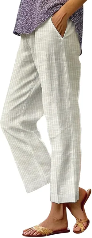 Linen Pants Women Striped Linen Pants Summer 2025 Womens Clothes for Beach Vacation Linen Straight Leg Palazzo Trousers