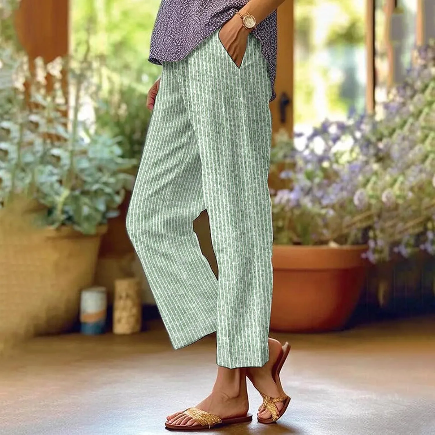 Linen Pants Women Striped Linen Pants Summer 2025 Womens Clothes for Beach Vacation Linen Straight Leg Palazzo Trousers