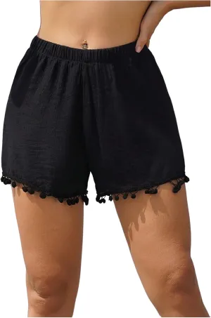 MakeMeChic Women's Tassel Hem High Waist Shorts Elastic Waist Wide Leg Summer Beach Shorts