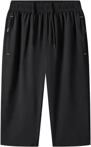 Men Big and Tall Capri Pants 3/4 Below Knee Long Shorts Elastic Waist Jogging Gym Beach Cropped Pants with Pockets