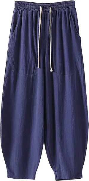 Men's Baggy Harem Pants Wide Leg Casual Pant Summer Linen Drawstring Trousers with Pockets