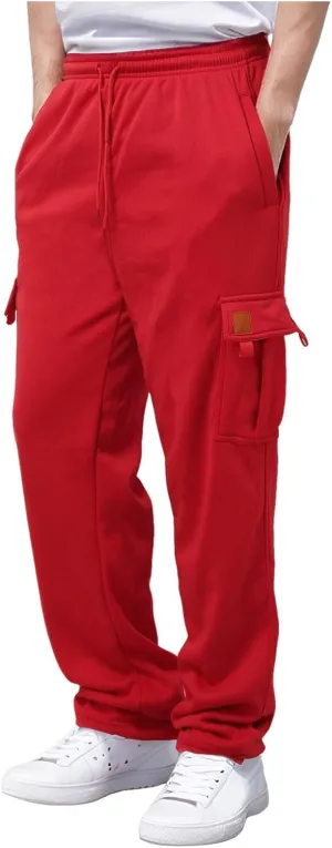 Men's Casual Sweatpants Drawstring Baggy Wide Straight Leg Relaxed Fit Overalls Multi-Pocket Trousers