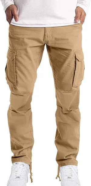 Men's Causal Cargo Pants Solid Color Multi Pockets Straight Leg Trousers Outdoor Wearing Pants with Pockets Overalls
