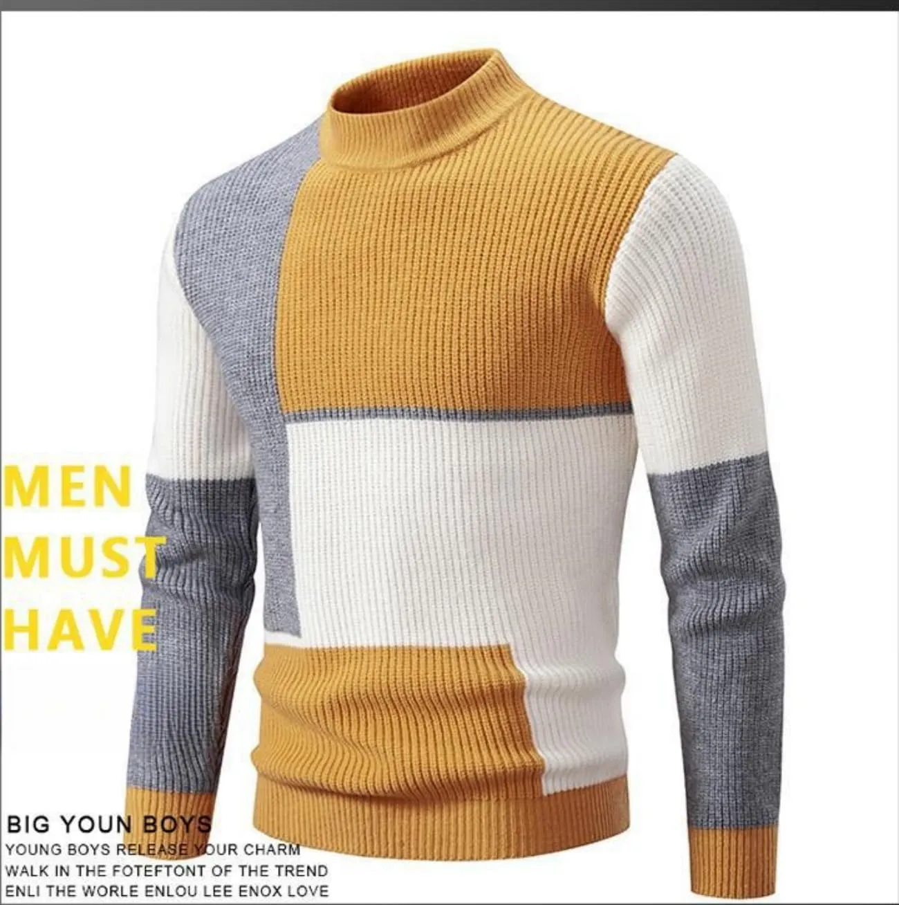 Mens Colorblocked Pullover Sweaters, Pullover Long Sleeve Color Block Cable Knit Long Sleeve Mock Neck Contrast Sweaters