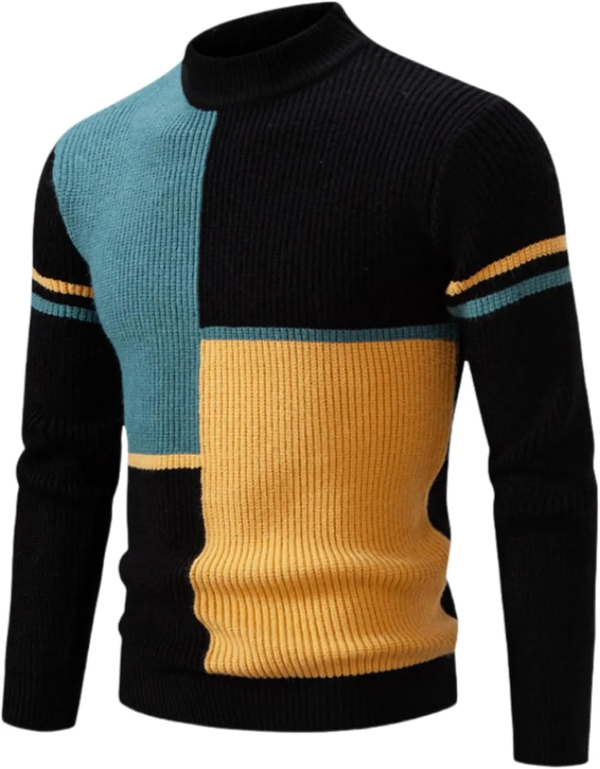 Mens Colorblocked Pullover Sweaters, Pullover Long Sleeve Color Block Cable Knit Long Sleeve Mock Neck Contrast Sweaters