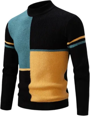 Mens Colorblocked Pullover Sweaters, Pullover Long Sleeve Color Block Cable Knit Long Sleeve Mock Neck Contrast Sweaters