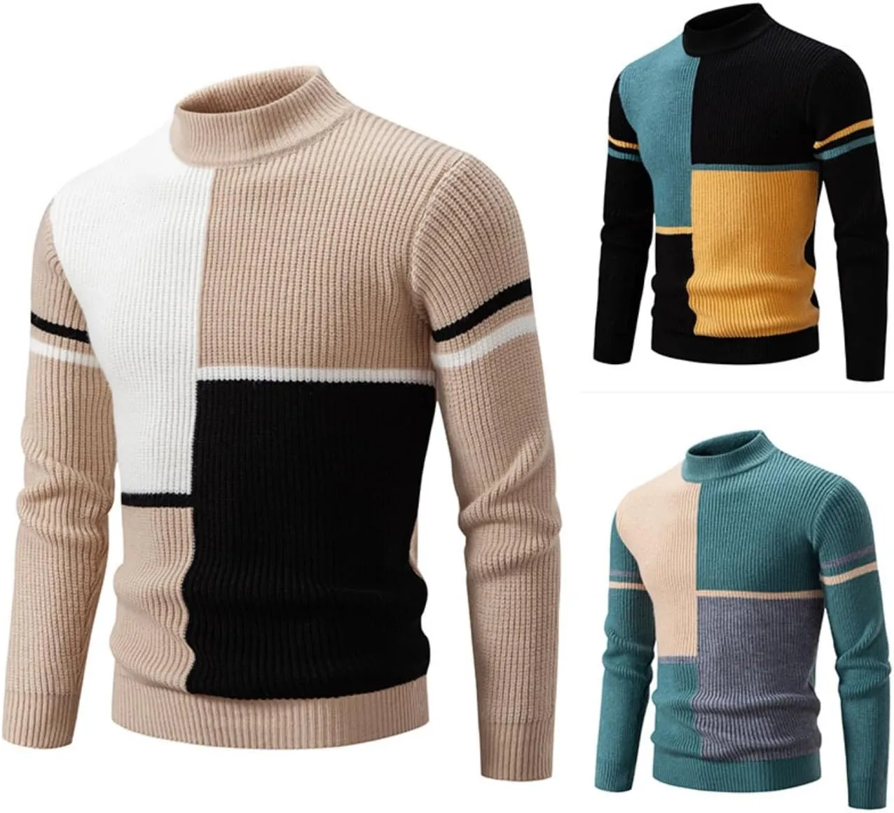 Mens Colorblocked Pullover Sweaters, Pullover Long Sleeve Color Block Cable Knit Long Sleeve Mock Neck Contrast Sweaters