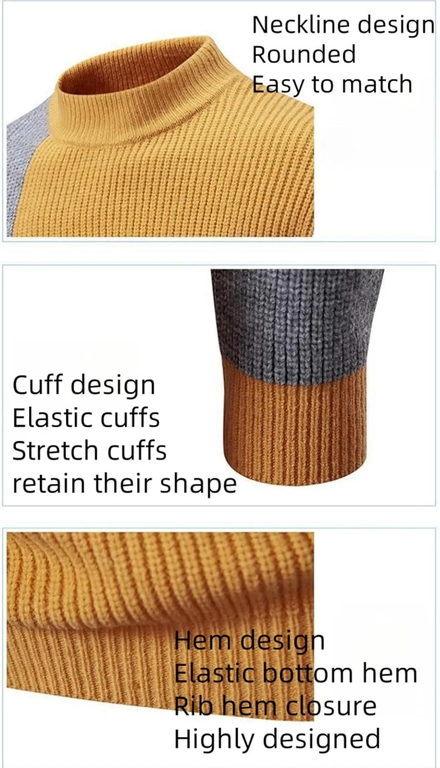 Mens Colorblocked Pullover Sweaters, Pullover Long Sleeve Color Block Cable Knit Long Sleeve Mock Neck Contrast Sweaters