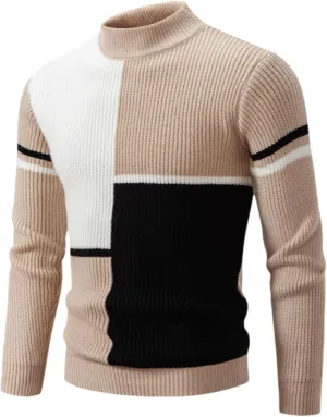 Mens Colorblocked Pullover Sweaters, Pullover Long Sleeve Color Block Cable Knit Long Sleeve Mock Neck Contrast Sweaters