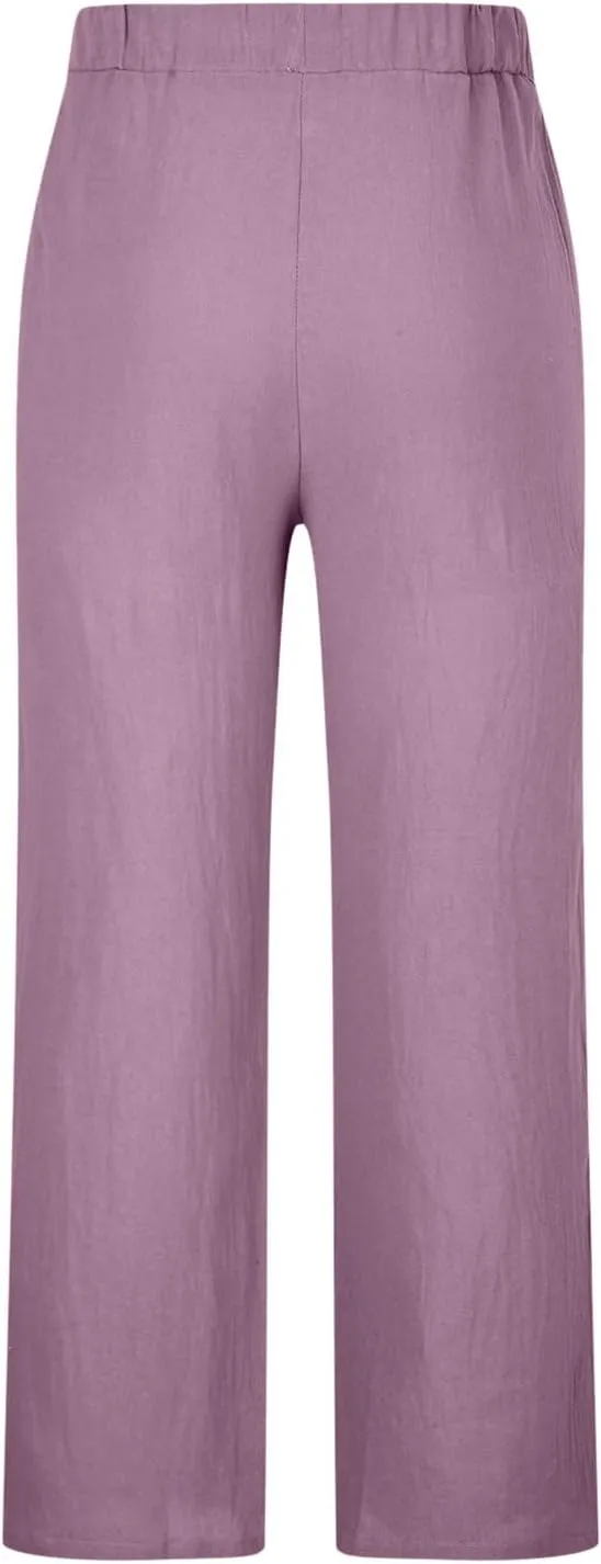 Mens Cotton Linen Pants Open Bottom Straight Leg Trousers Elastic Waist Casual Lounge Beach Yoga Joggers with Pockets