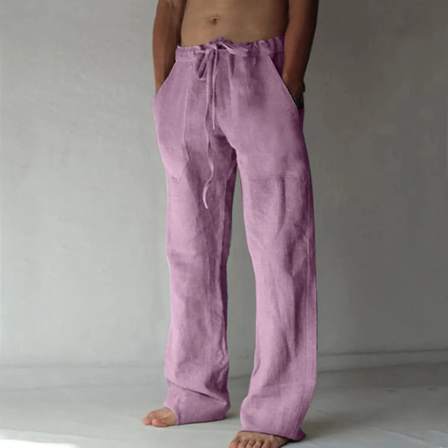 Mens Cotton Linen Pants Open Bottom Straight Leg Trousers Elastic Waist Casual Lounge Beach Yoga Joggers with Pockets