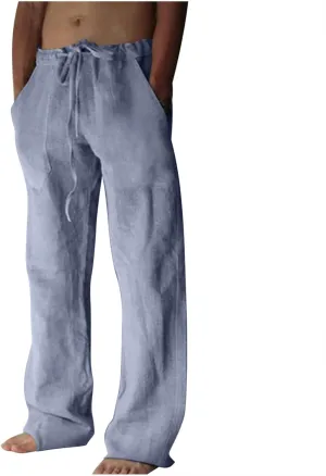 Mens Cotton Linen Pants Open Bottom Straight Leg Trousers Elastic Waist Casual Lounge Beach Yoga Joggers with Pockets