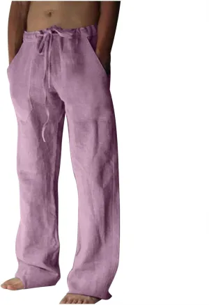 Mens Cotton Linen Pants Open Bottom Straight Leg Trousers Elastic Waist Casual Lounge Beach Yoga Joggers with Pockets