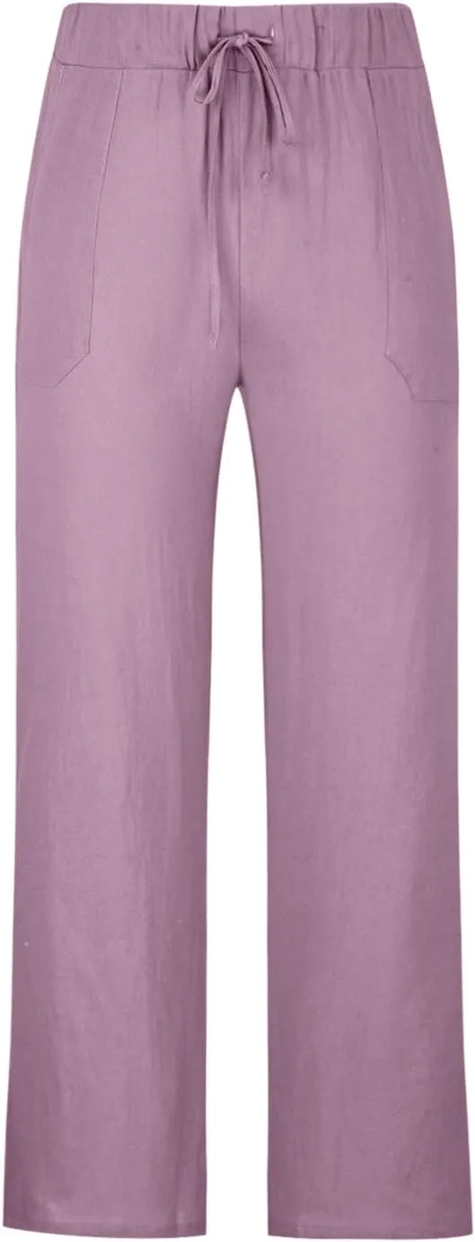 Mens Cotton Linen Pants Open Bottom Straight Leg Trousers Elastic Waist Casual Lounge Beach Yoga Joggers with Pockets