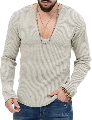 Mens Deep V Neck Sweater Long Sleeve Solid Color Rib Knitted Pullover Fall Winter Stylish Jumper Tops