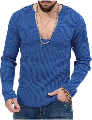 Mens Deep V Neck Sweater Long Sleeve Solid Color Rib Knitted Pullover Fall Winter Stylish Jumper Tops