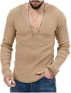Mens Deep V Neck Sweater Long Sleeve Solid Color Rib Knitted Pullover Fall Winter Stylish Jumper Tops