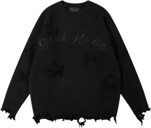 Mens Hole Fringed Sweater Punk Gothic Loose Oversized Ripped Solid Color Pullover Knit Sweaters Crew Neck Blouse