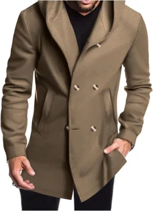 Men's Hooded Double-Breasted Pea Coat Winter Windproof Trench Overcoat with Pockets