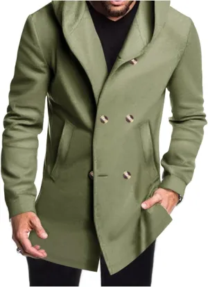 Men's Hooded Double-Breasted Pea Coat Winter Windproof Trench Overcoat with Pockets