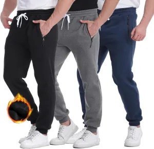 Mens Joggers Sweatpants,3 Pack Fleece Sweat Pants with Pockets/Zipper Pockets Athletic Workout Gym Joggers for Men