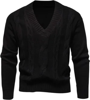 Mens Long Sleeve V Neck Sweater Casual Slim Fit Dress Pullover Sweater Business Ribbed Twisted Patterned Knit Sweater