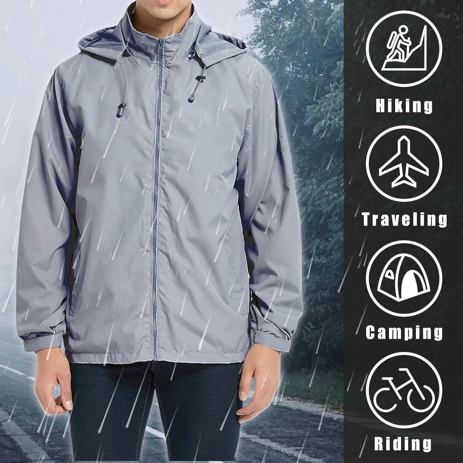 Mens Packable Rain Jacket Lightweight Waterproof Raincoat Golf Motorcycle Rain Gear with Hood Windbreaker