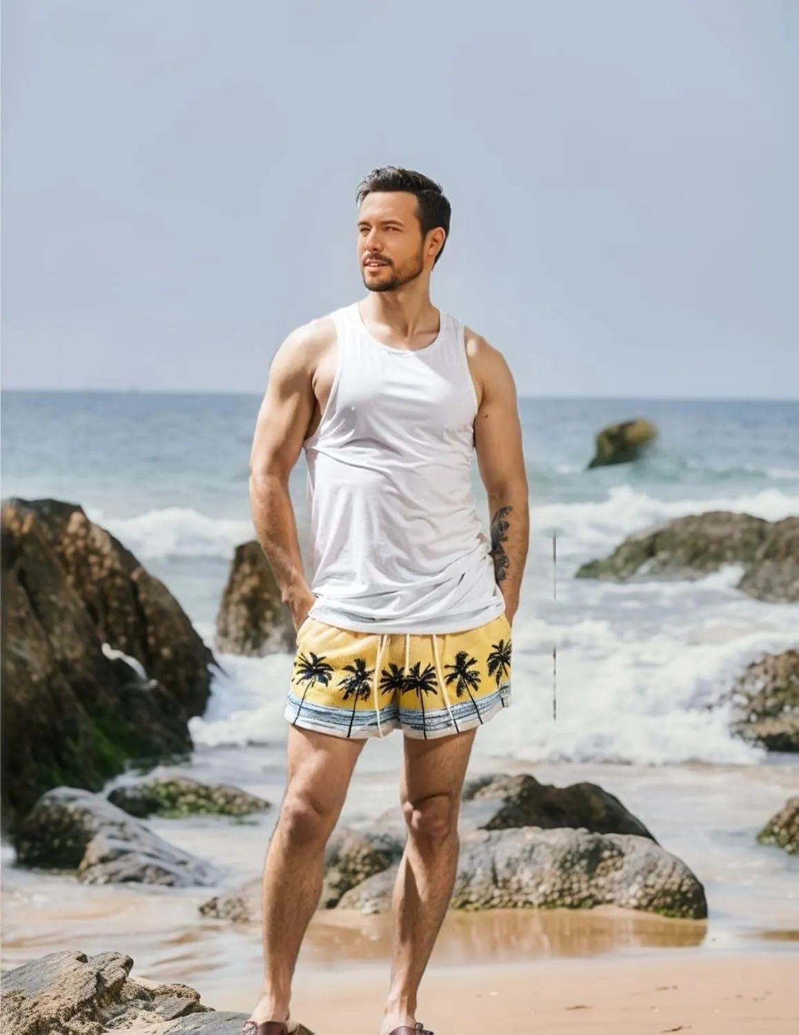 Men's Quick-Dry Shorts with Pockets - Hawaii Print Stretch for Surfing Volleyball, Lightweight Beach Gym Training Shorts.