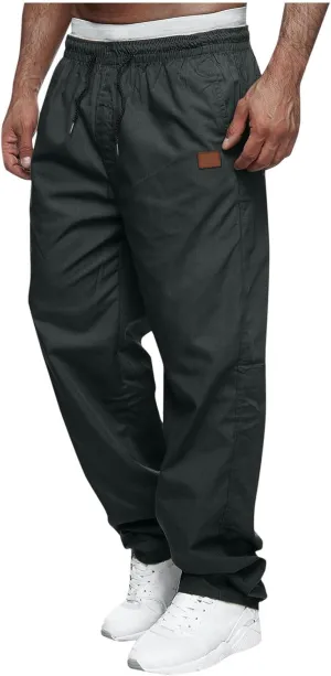Mens Straight Leg Pants Casual Elastic Waist Drawstring Daily Casual Hiking Chino Cargo Trousers with Pockets