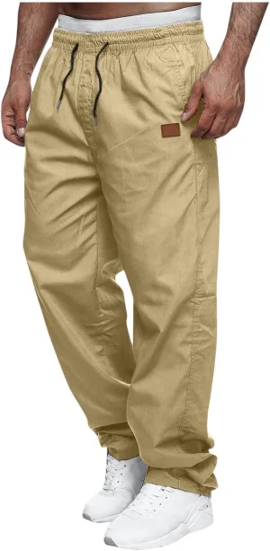 Mens Straight Leg Pants Casual Elastic Waist Drawstring Daily Casual Hiking Chino Cargo Trousers with Pockets