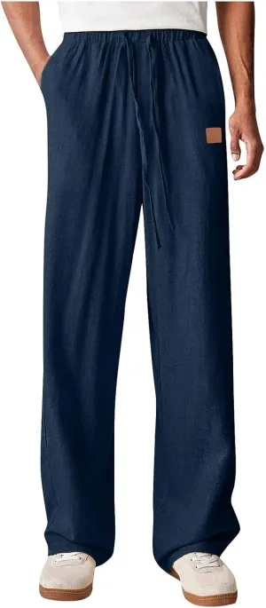 Men's Summer Beach Cotton Linen Pants Casual Lightweight Elastic Waist Drawstring Loose Fitted Solid Color Pants
