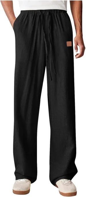 Men's Summer Beach Cotton Linen Pants Casual Lightweight Elastic Waist Drawstring Loose Fitted Solid Color Pants