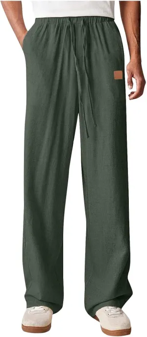 Men's Summer Beach Cotton Linen Pants Casual Lightweight Elastic Waist Drawstring Loose Fitted Solid Color Pants