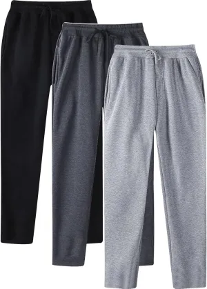 Mens Sweatpants Pack of 3 Fleece Lined Open Bottom Joggers Drawstring Elastic Waist Athletic Pants with Pockets