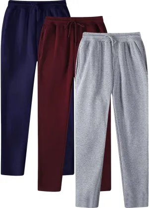 Mens Sweatpants Pack of 3 Fleece Lined Open Bottom Joggers Drawstring Elastic Waist Athletic Pants with Pockets