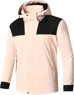 Mens Waterproof Rain Jacket with Removable Hood Fashion Color Block Rain Coat Outdoor Windbreaker with Pockets