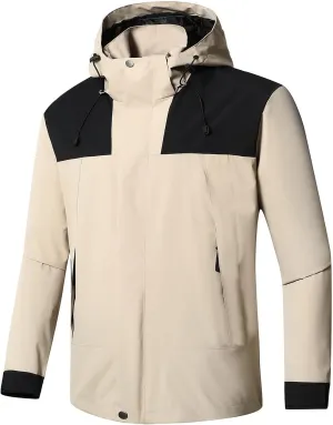 Mens Waterproof Rain Jacket with Removable Hood Fashion Color Block Rain Coat Outdoor Windbreaker with Pockets