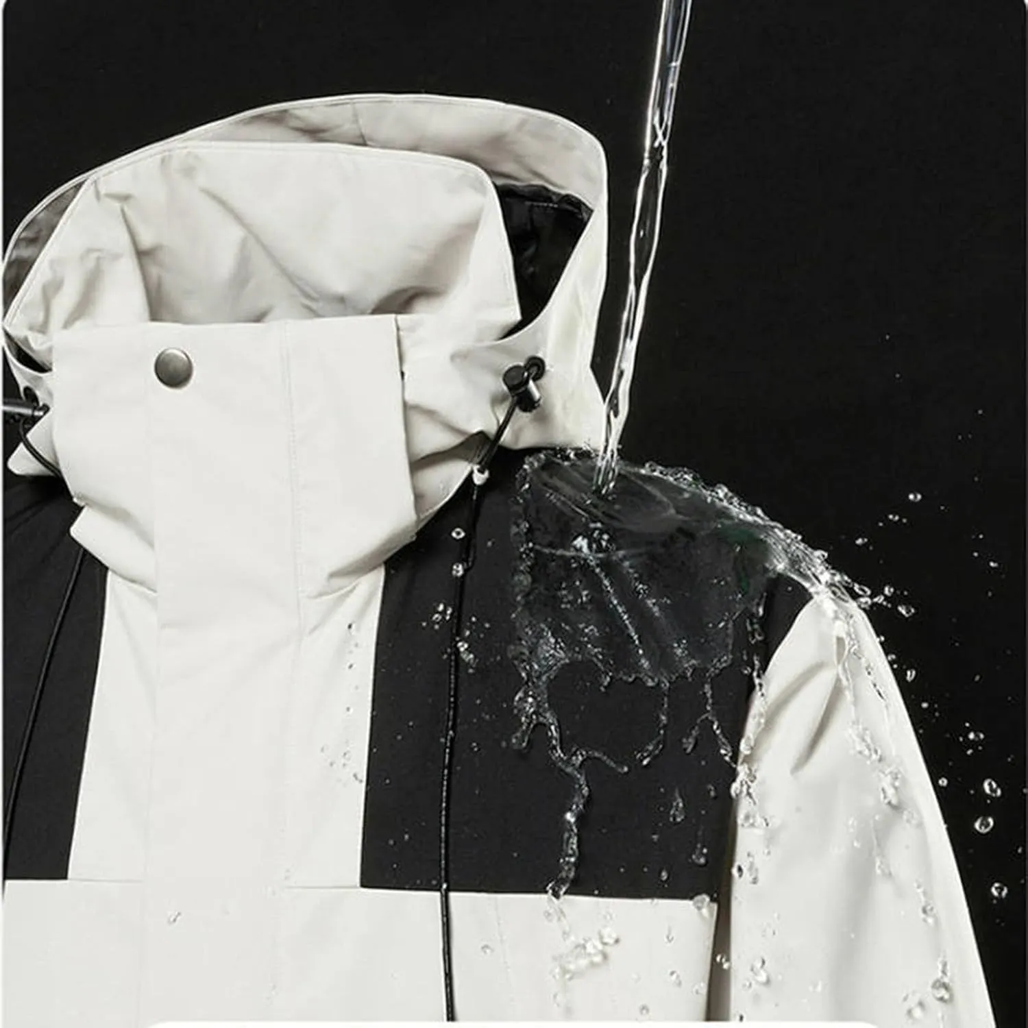 Mens Waterproof Rain Jacket with Removable Hood Fashion Color Block Rain Coat Outdoor Windbreaker with Pockets