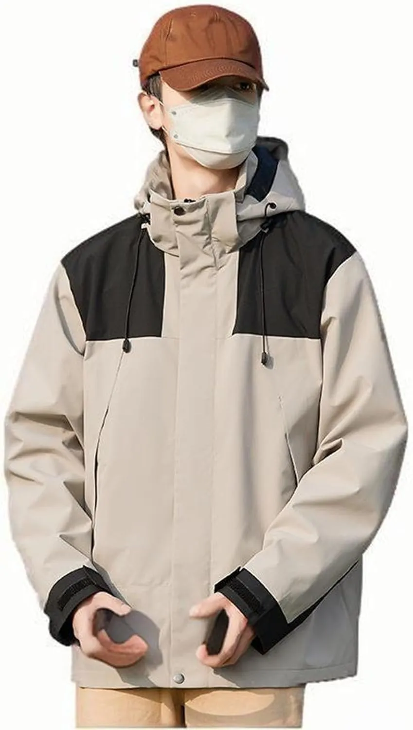 Mens Waterproof Rain Jacket with Removable Hood Fashion Color Block Rain Coat Outdoor Windbreaker with Pockets
