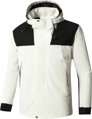Mens Waterproof Rain Jacket with Removable Hood Fashion Color Block Rain Coat Outdoor Windbreaker with Pockets